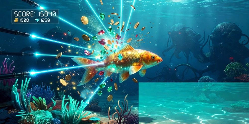Giao diện săn cá vàng trong game bắn cá nh88 với hiệu ứng ánh sáng rực rỡ và phần thưởng lớn