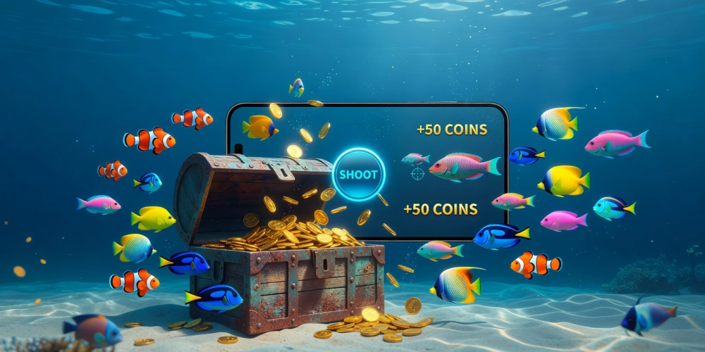 Minh họa giao diện game bắn cá xèng nh88 với cá vàng lấp lánh và hiệu ứng nổ hũ