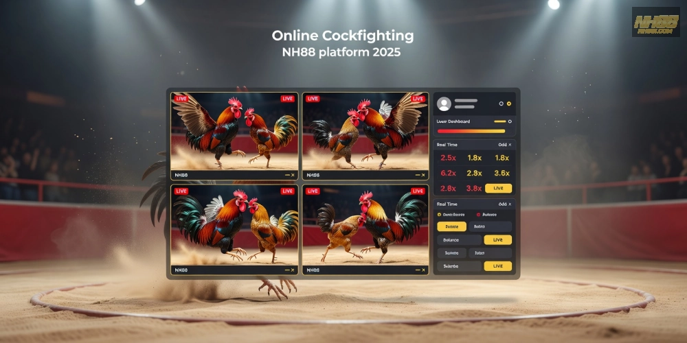 Minh họa khái niệm đá gà trực tuyến trên nền tảng nh88 với giao diện hiện đại và kèo cược hấp dẫn