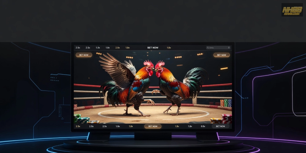 Minh họa khái niệm đá gà trực tiếp qua hình ảnh trường gà hiện đại và màn hình streaming