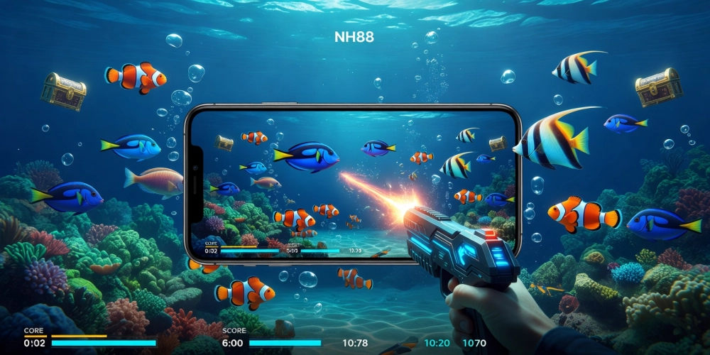 Minh họa khái niệm game bắn cá nh88 với giao diện sống động và người chơi đang săn thưởng
