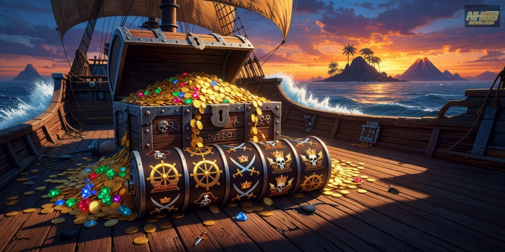 Hình ảnh sống động về game nổ hũ Pirate King với kho báu và tàu cướp biển trên NH88