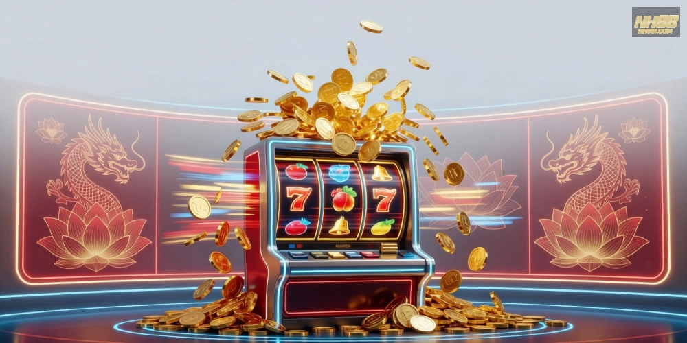 Minh họa khái niệm quay nổ hũ trên nền tảng NH88 với hình ảnh vòng quay hấp dẫn và jackpot sáng lấp lánh