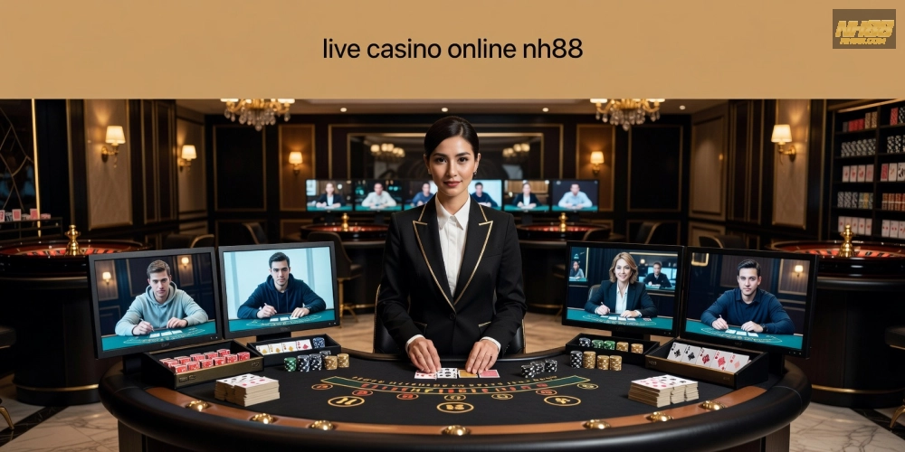 Hình minh họa khái niệm live casino online nh88 với dealer trực tiếp và bàn chơi chuyên nghiệp