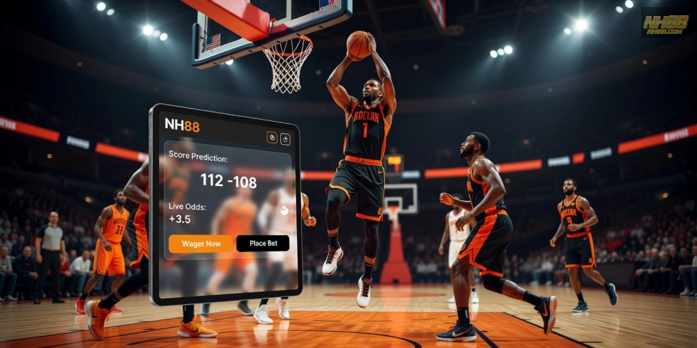 Giao diện cá cược bóng rổ NBA trên NH88 với biểu đồ odds và hình ảnh sân đấu sôi động